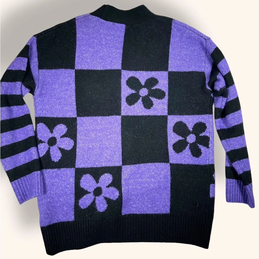 Zara Purple Black Checkered Flower Jacquard Knit Oversized Cardigan Sweater S - Picture 2 of 5